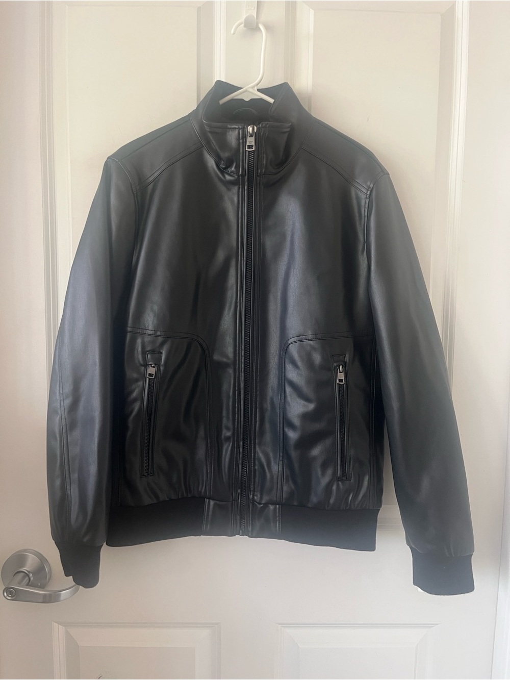 Calvin Klein Black Leather Zip-Up Bomber Jacket